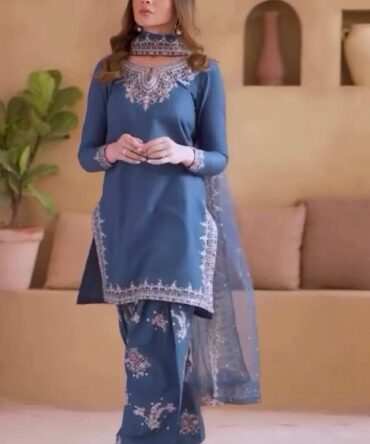 Pehnava Style Pure Natural Crepe With Embroidery Work Kurta Farshi Palazzo And Dupatta