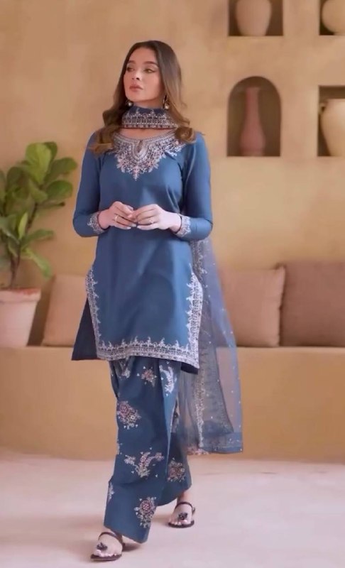Pehnava Style Pure Natural Crepe With Embroidery Work Kurta Farshi Palazzo And Dupatta