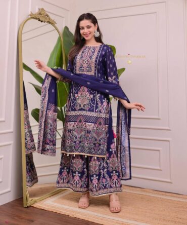 Pehnava Style Blue Chinon Silk Printed Handwork Kurtie Plazzo Set