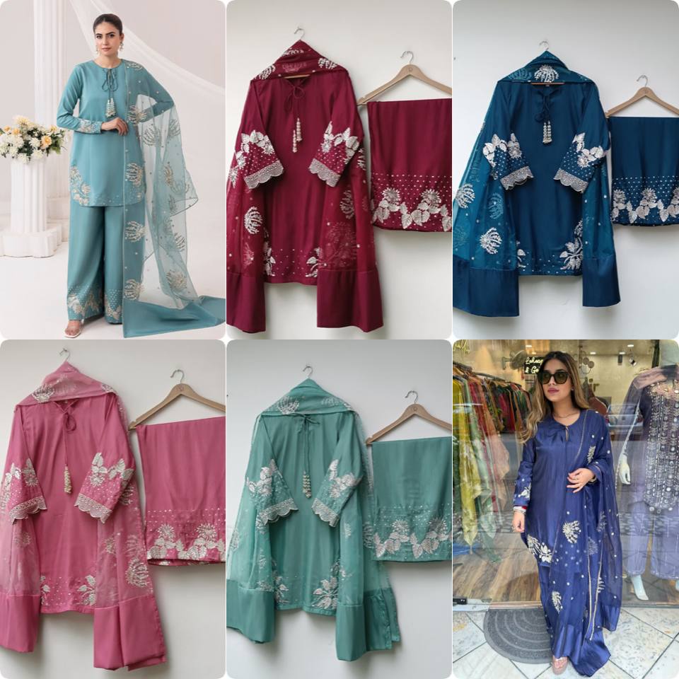 Pehnava Style Pure Natural Crepe With Embroidery Work Kurtie Palazzo And Duppatta - Image 3