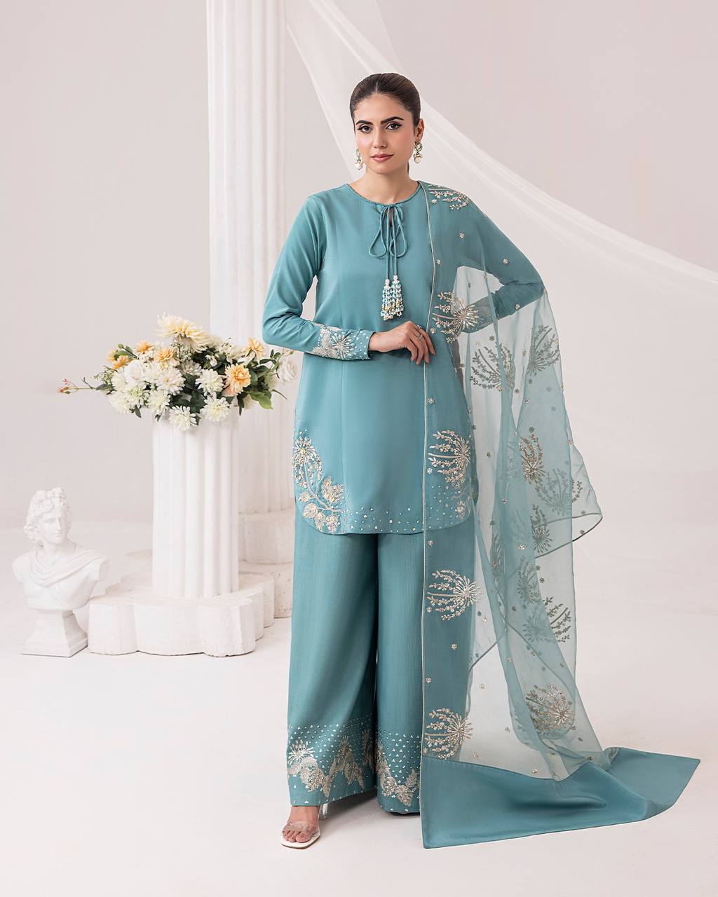 Pehnava Style Pure Natural Crepe With Embroidery Work Kurtie Palazzo And Duppatta