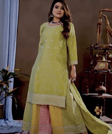 Pehnava Style Pure Chinon Embroidery Work Kurtie Plazo Set