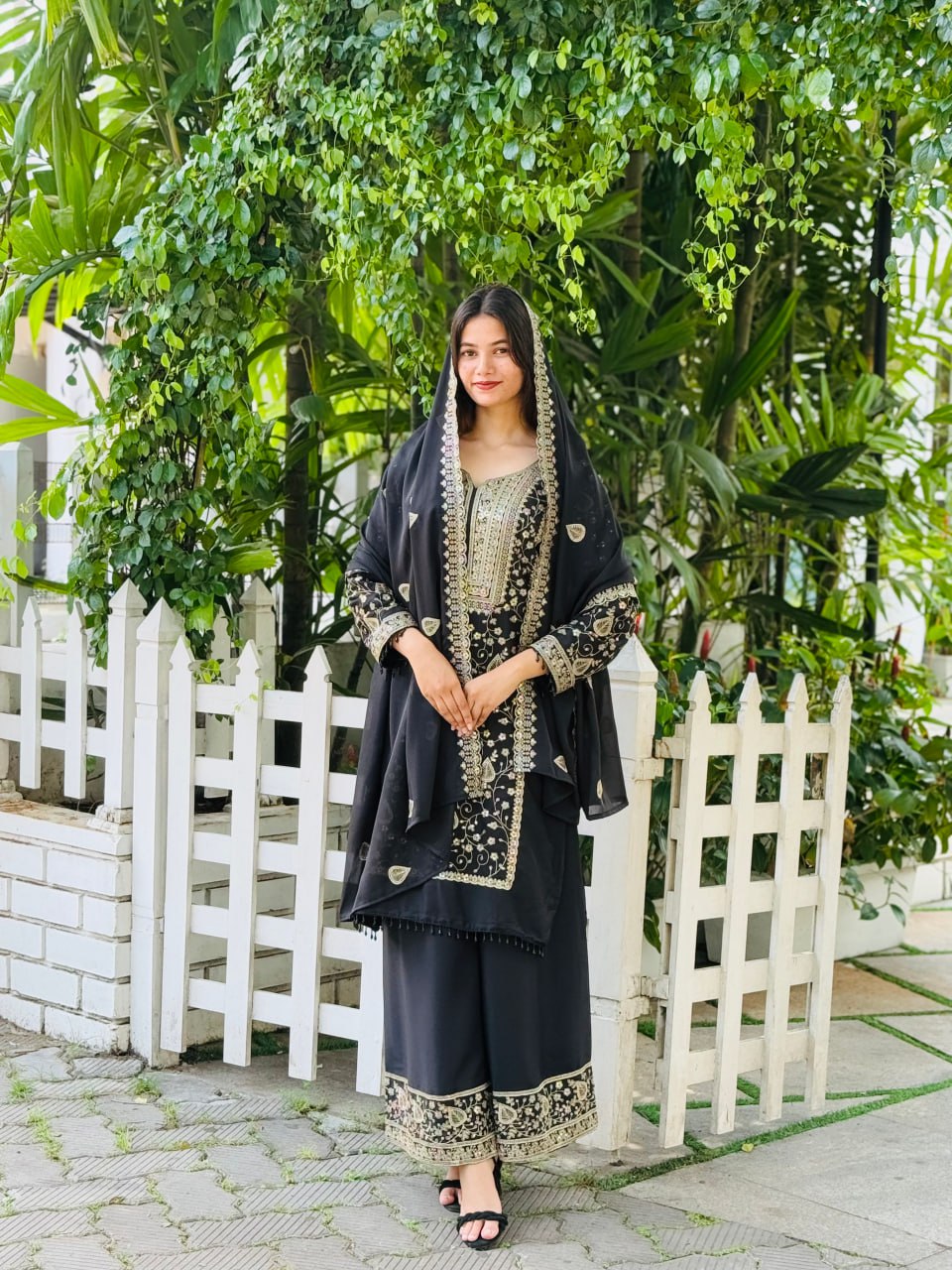 Pehnava Style Star Fox Gorgette Fancy Latkan Kurtieb Plazo Set - Image 3