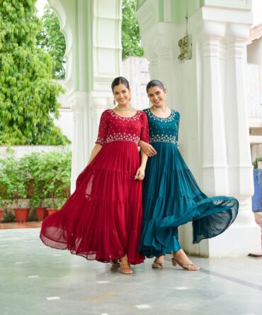 Pehnava Style Faux Blooming With Beads Embroidery Work Gown