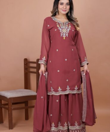 Pehnava Style Fox Georgette Coding Sequence Embriudery Work Kurtie Sharara And Duppatta