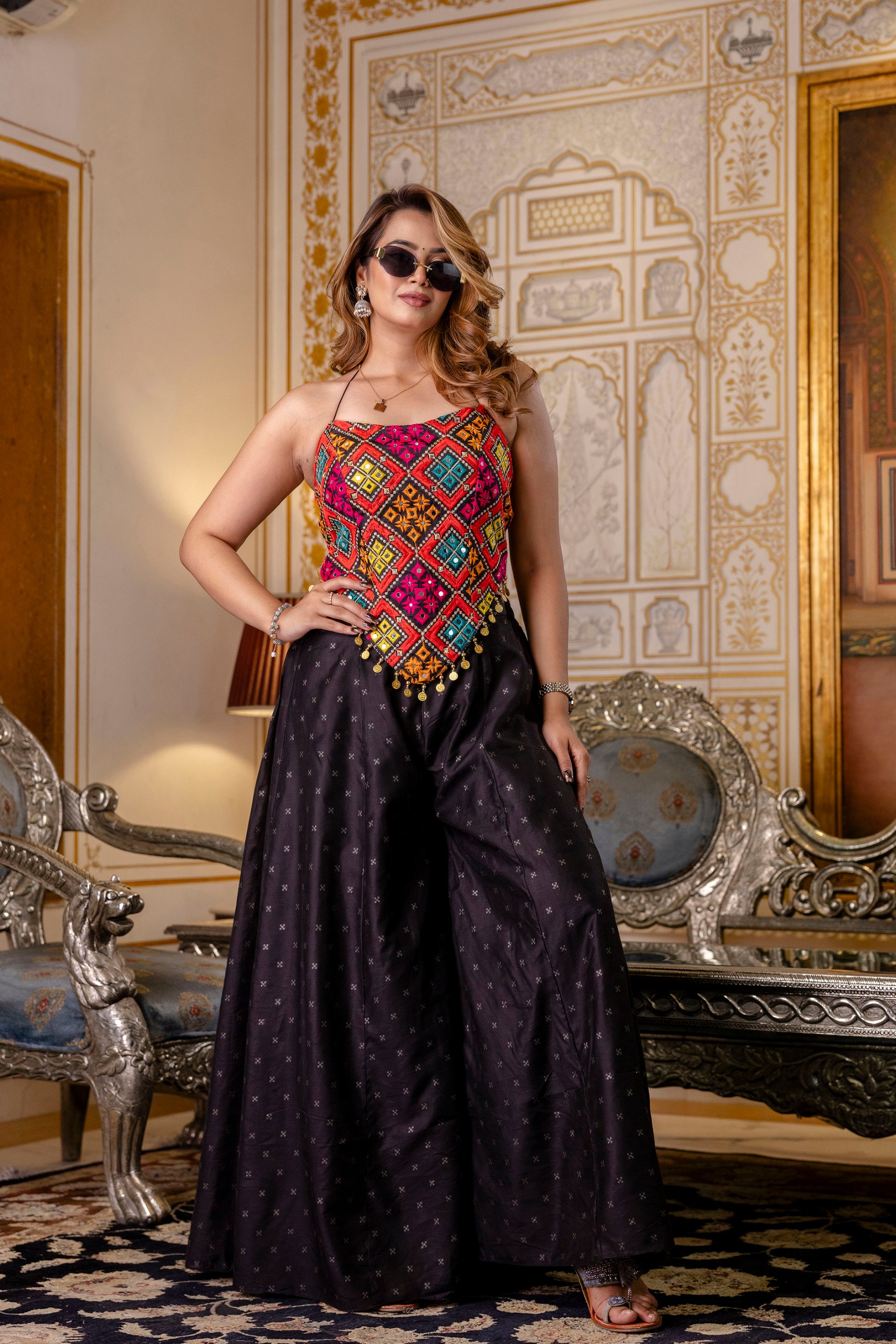 Pehnava Style Micro Cotton Mirror Stone Lace Border Top & Palazzo