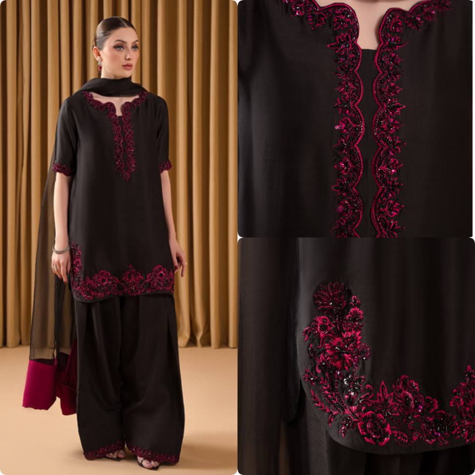 Pehnava Style Pure Natural Crepe With Bidas Val Moti & Embroidery Kurtie Farshi Palazzo & Duppatta - Image 3