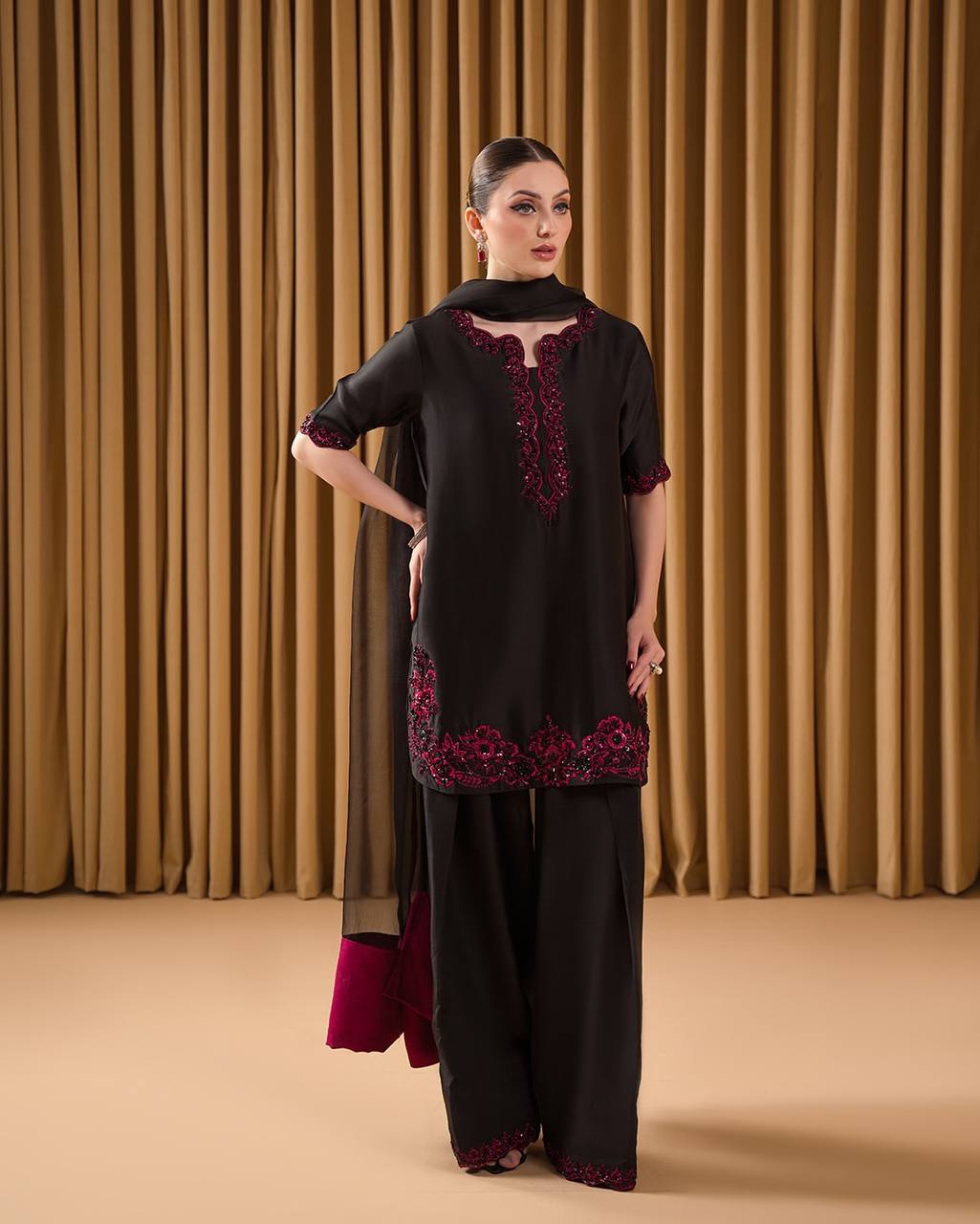 Pehnava Style Pure Natural Crepe With Bidas Val Moti & Embroidery Kurtie Farshi Palazzo & Duppatta - Image 2