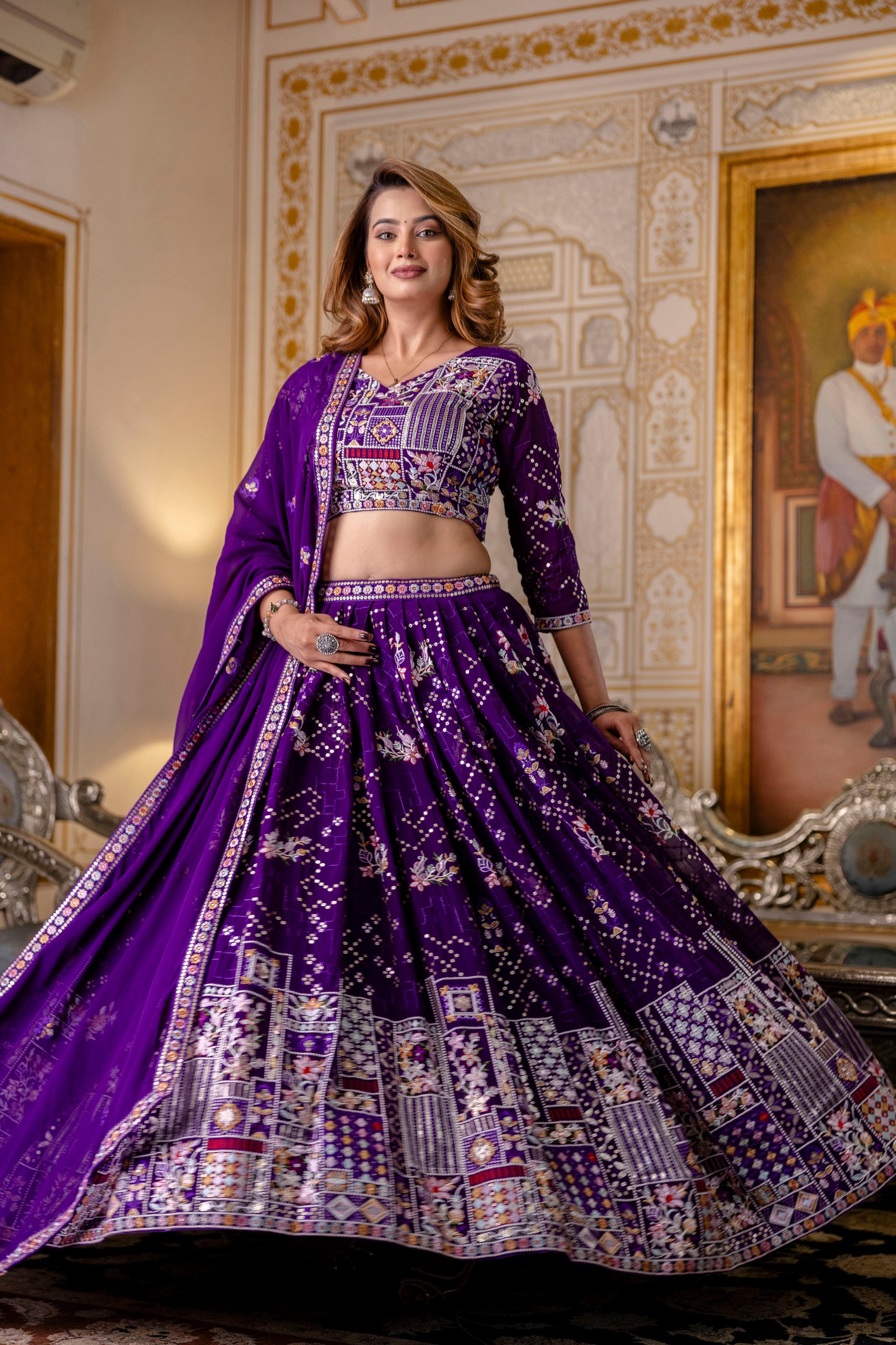 Pehnava Style Blooming Georgette Embroidered Semi-Stitched Lehenga