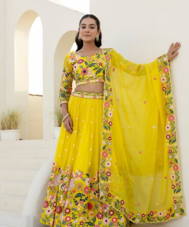 Pehnava Style Yellow Organza Embroidered Semi-Stitched Lehenga