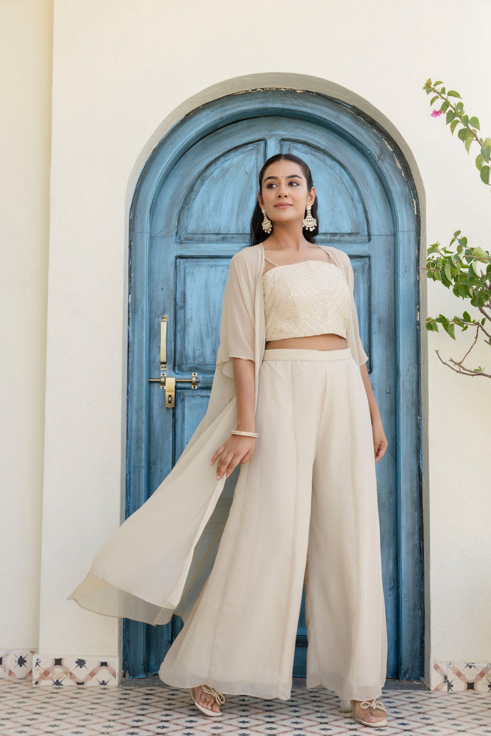 Pehnava Style White Georgette Gotta Patti Work Top & Palazzo