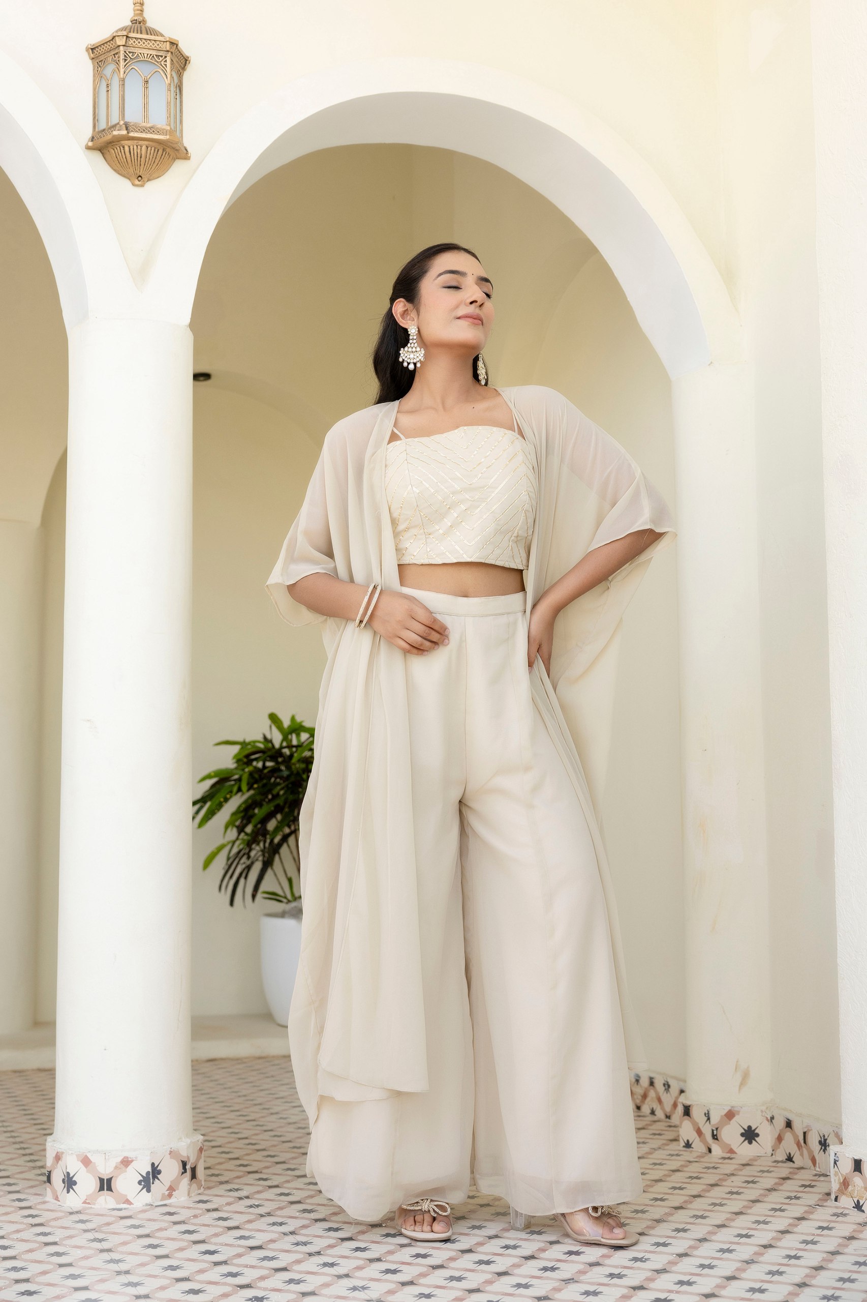 Pehnava Style White Georgette Gotta Patti Work Top & Palazzo - Image 10