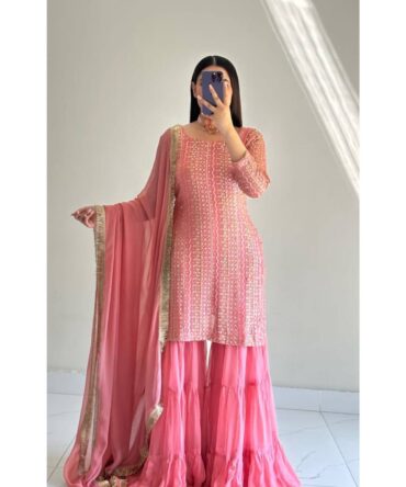 Pehnava Style Fox Georgette Embroidery Work Kurtie Palazzo & Duppatta