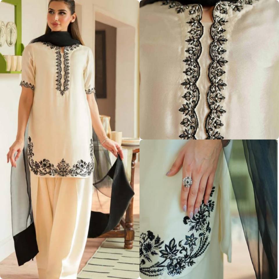 Pehnava Style Pure Natural Crepe With Beads Hand Work Embroidery Kurtie Farshi Palazzo & Duppatta - Image 4