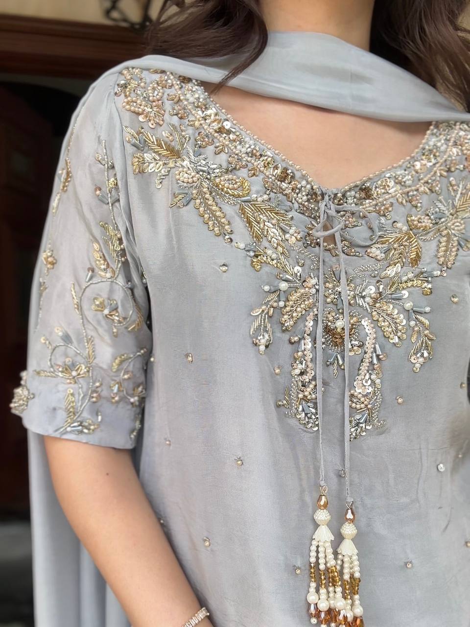 Pehnava Style Pure Natural Crepe With Beads Hand Work Kurtie Farshi Plazzo & Duppatta - Image 5