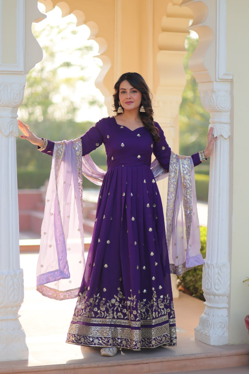 Pehnava Style Star Georgette With Embroiery Zari Sequins-Work Gown & Duppatta
