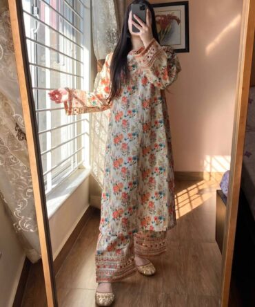 Pehnava Style Pure Natural Roman Silk With Digital Print With Embroidery Kurtie  Palazzo