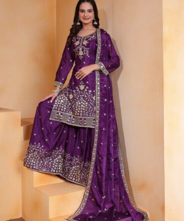 Pehnava Style Chinon Embroidery Work Kurtie Sharara & Duppatta