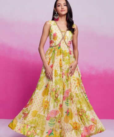 Pehnava Style Organza Printed Handwork Gown