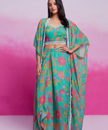 Pehnava Style Turquois Georgette Printed Embroidered Co-Ord Set