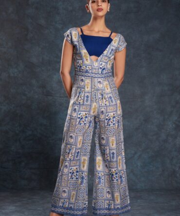 Pehnava Style Navy Blue Linen Printed Jumpsuit