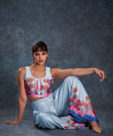 Pehnava Style Sky Blue Satin Printed Co-Ord Set