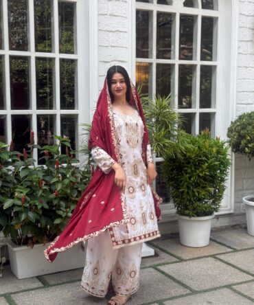 WHITE SEQUENCE EMBROIDERY ON SILK FABRIC TOP AND PLAZZO WITH DUPATTA
