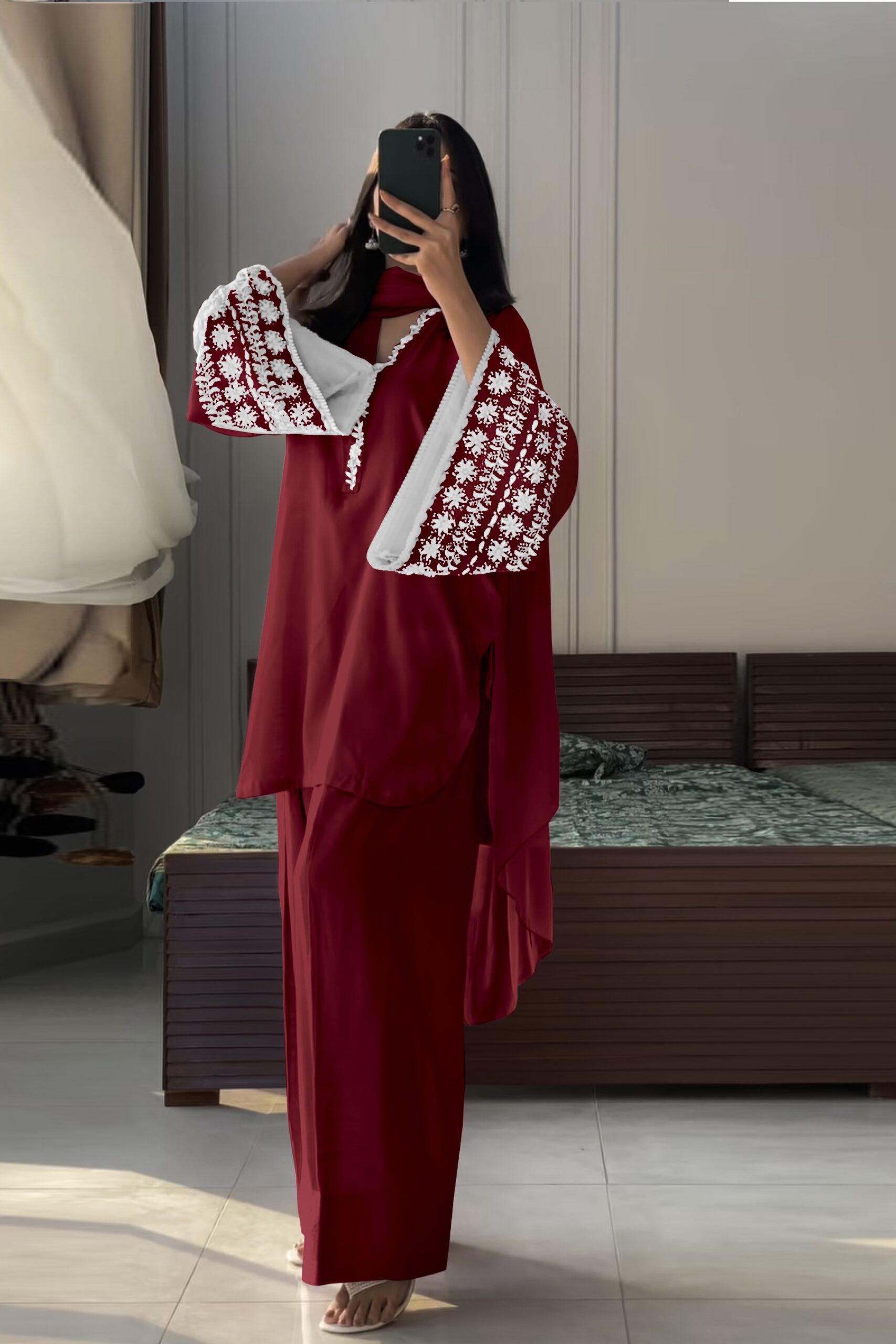 Pehnava Style Natural Satin With Embroidery Work Top Farshi Palazzo & Dupatta - Image 4