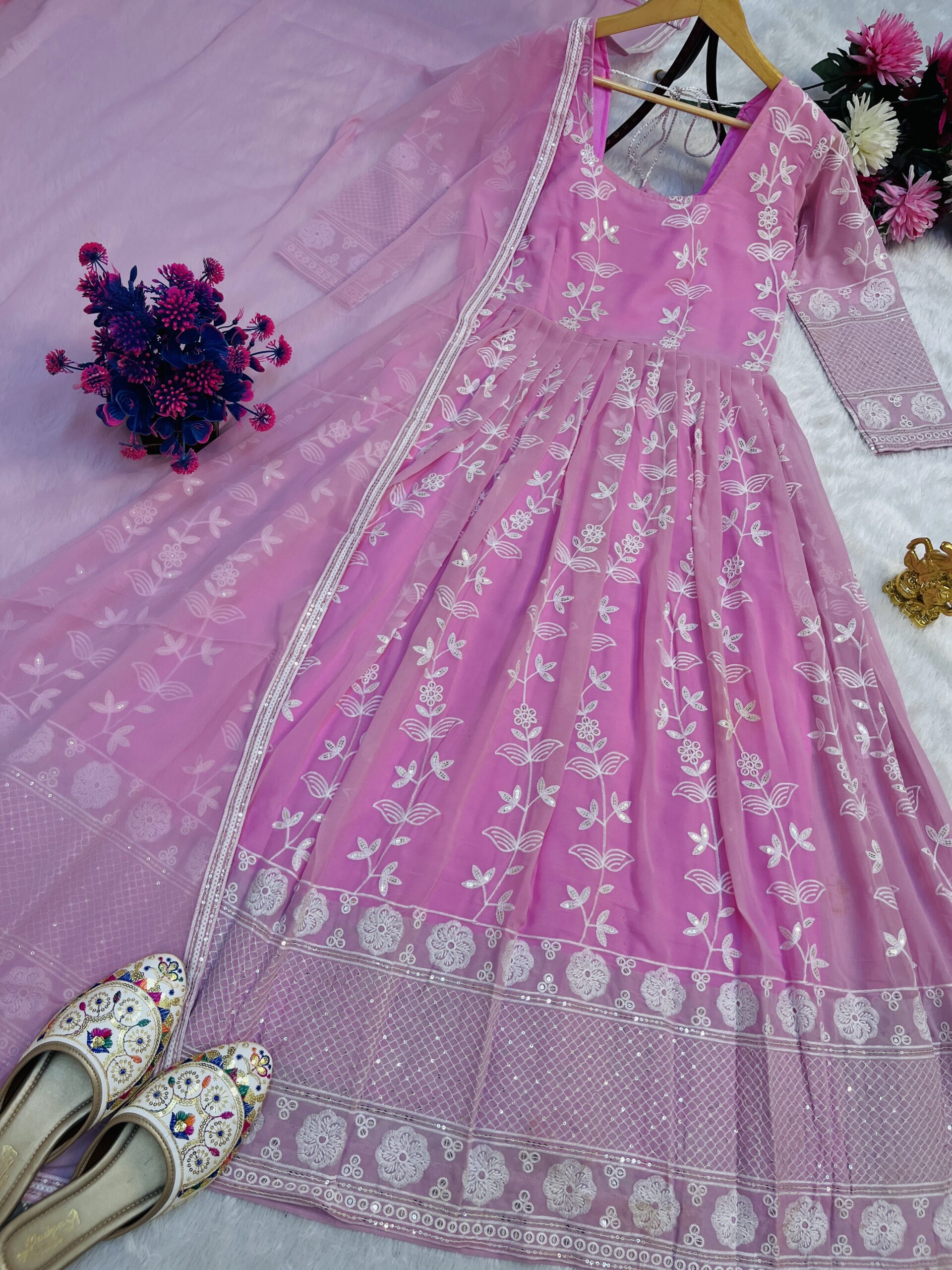 PINK NEW PARTY WEAR LOOK GOWN & DUPATTA SET - Image 6