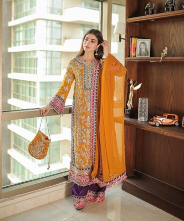 YELLOW GEORGETTE  KURTA WITH BEAUTIFUL FULLY EMBROIDERED GEORGETTE PLAZZO