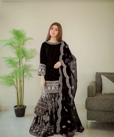 Black Embroidered Georgette Kurta With Palazzos & Dupatta