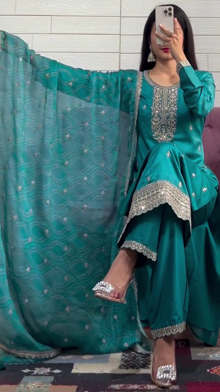 NEW LUNCH DESIGNER SEQUENCE EMBROIDERED WORK ORGANZA COLOR KURTA AND PANT WITH DUPATTA - Image 4