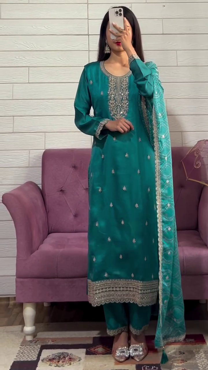 NEW LUNCH DESIGNER SEQUENCE EMBROIDERED WORK ORGANZA COLOR KURTA AND PANT WITH DUPATTA - Image 3