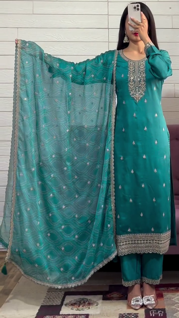 NEW LUNCH DESIGNER SEQUENCE EMBROIDERED WORK ORGANZA COLOR KURTA AND PANT WITH DUPATTA - Image 2