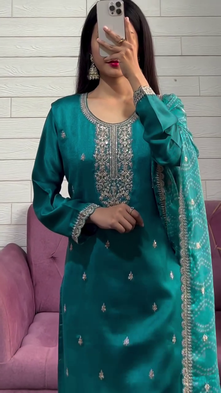 NEW LUNCH DESIGNER SEQUENCE EMBROIDERED WORK ORGANZA COLOR KURTA AND PANT WITH DUPATTA - Image 5