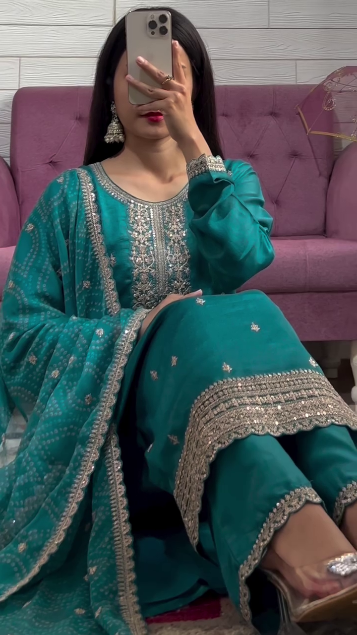 NEW LUNCH DESIGNER SEQUENCE EMBROIDERED WORK ORGANZA COLOR KURTA AND PANT WITH DUPATTA