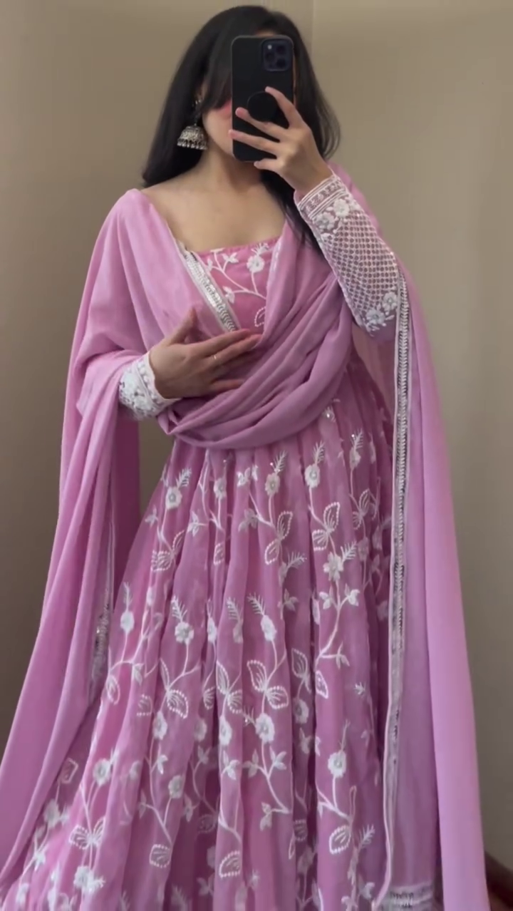 PINK NEW PARTY WEAR LOOK GOWN & DUPATTA SET