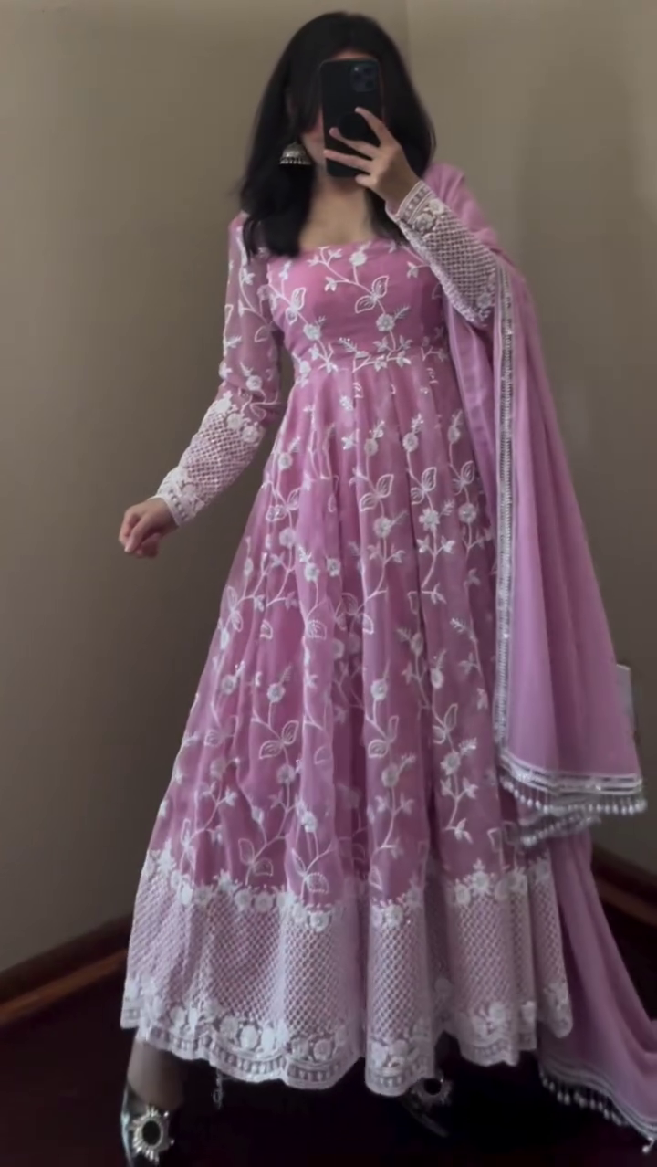 PINK NEW PARTY WEAR LOOK GOWN & DUPATTA SET - Image 2